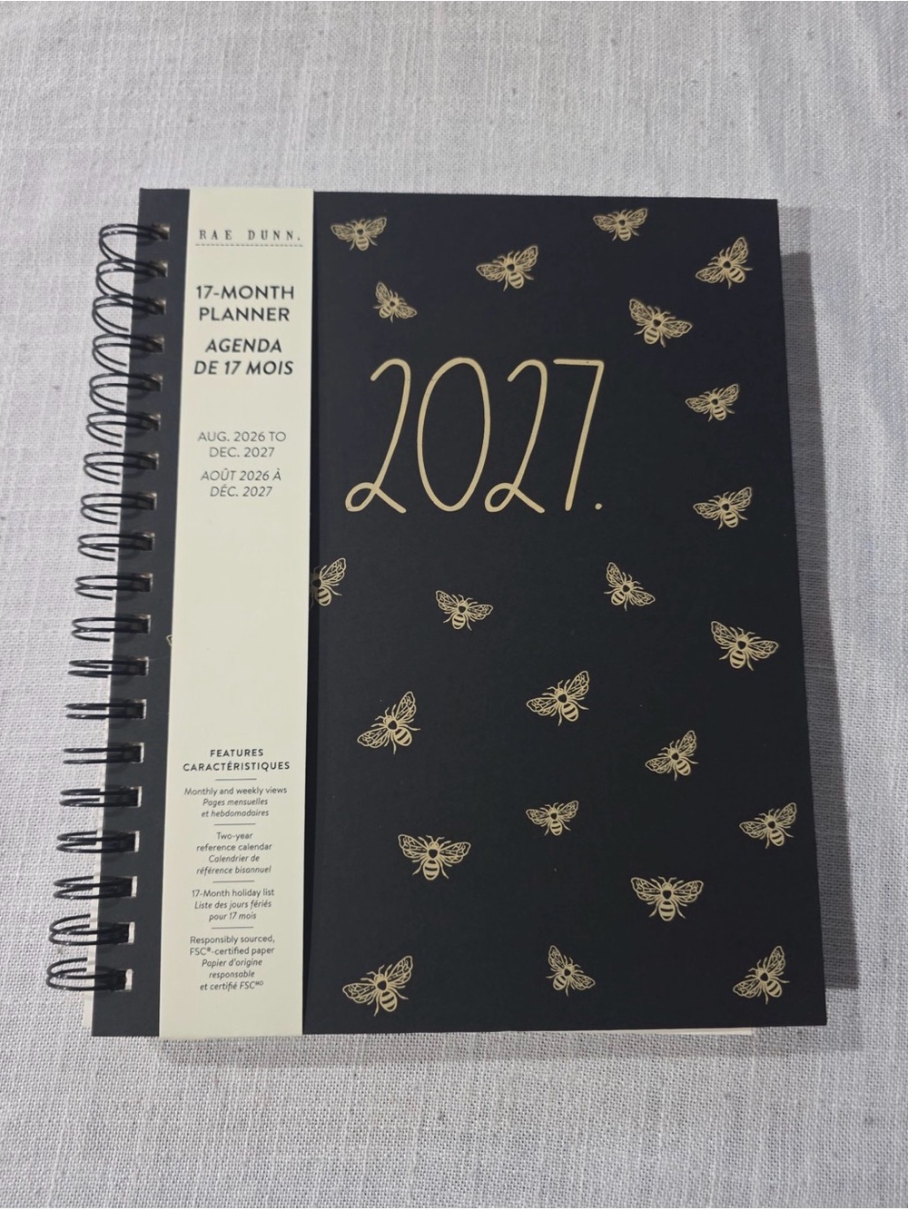 Rae Dunn Black 2027 Planner with Gold Bee Motif